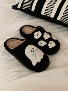XIXITIAO 1 Pair Unisex Cute White Ghost Plush Slippers, Backless Slip-On Funny Couple Slippers, Suitable For Autumn/Winter, Christmas, New Year - Black Half-covered Ghost Style - View 5
