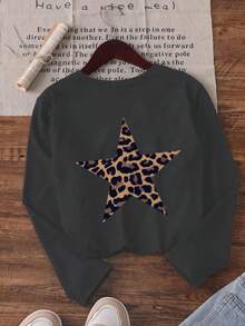 Tween Girl Leopard Print Star Graphic Round Neck Long Sleeve T-Shirt, Autumn/Winter Top - Dark Grey - View 3