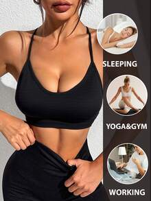女士运动文胸，带可拆卸胸垫，提胸钢圈支撑，肩带可无限调节，透气交叉肩带设计，适合瑜伽、跑步、健身房运动，优雅纯色瑜伽配饰，时尚运动背心，黑色，春季款 - 黑色 - 查看 5