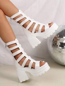 女式粗跟厚底露趾中筒靴，百搭夏季罗马高跟凉鞋 - 白色 - 查看 5