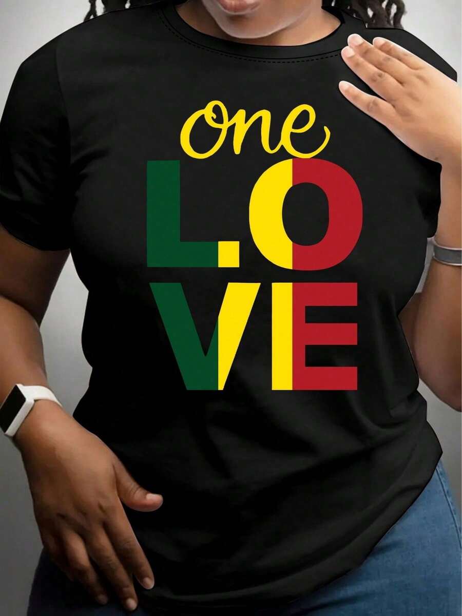 Women's 180g Black Cotton Crew Neck Short Sleeve Graphic Tee - "One Love" Inspirational Print T-Shirt For Casual Wear, Soft Lightweight Ladies' Summer Top - Perfect For Music And Love Enthusiasts, Fashionable Printed Apparel, Comfortable And Stylish Everyday Shirt