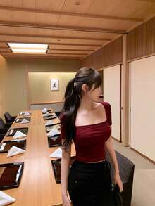 时尚迷人的红色加厚圆领长袖 T 恤、修身汗衫、外出上衣 - 紅色 - 查看 2