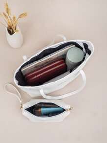 2 piezas Bolsa de tela acolchada con patrón de ola de gran capacidad, bolso de hombro de estilo vintage geométrico, bolsa de compras con monedero para mujeres