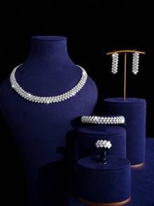 5pcs Set Cubic Zirconia Necklace Earrings Jewelry Set For Women, Including Earrings, Ring, Bracelet, Necklace, Suitable For Daily Outing, Party, Wedding, Birthday, Festival Occasions