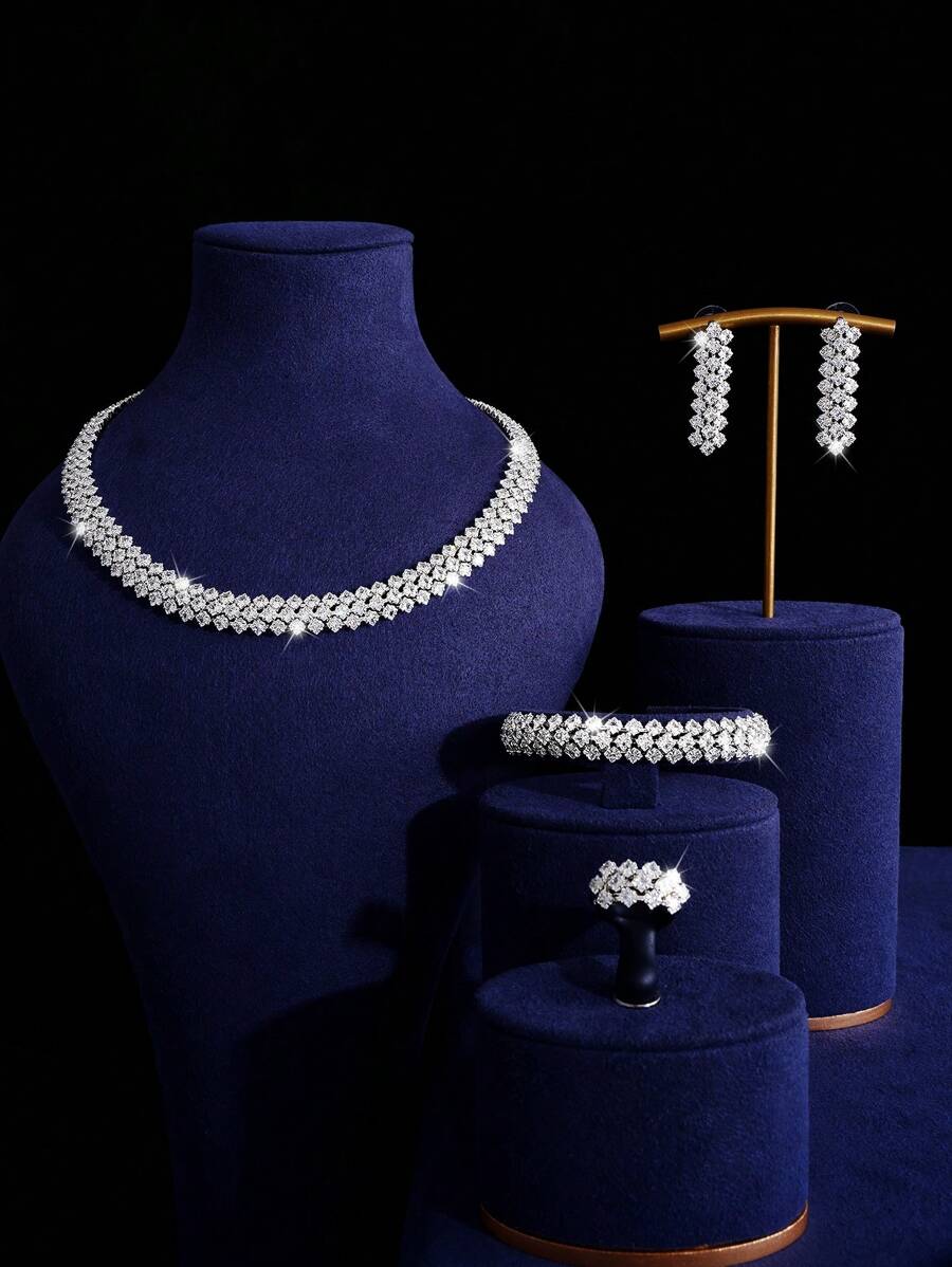5pcs Set Cubic Zirconia Necklace Earrings Jewelry Set For Women, Including Earrings, Ring, Bracelet, Necklace, Suitable For Daily Outing, Party, Wedding, Birthday, Festival Occasions