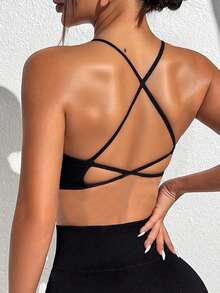 女士运动文胸，带可拆卸胸垫，提胸钢圈支撑，肩带可无限调节，透气交叉肩带设计，适合瑜伽、跑步、健身房运动，优雅纯色瑜伽配饰，时尚运动背心，黑色，春季款 - 黑色 - 查看 7