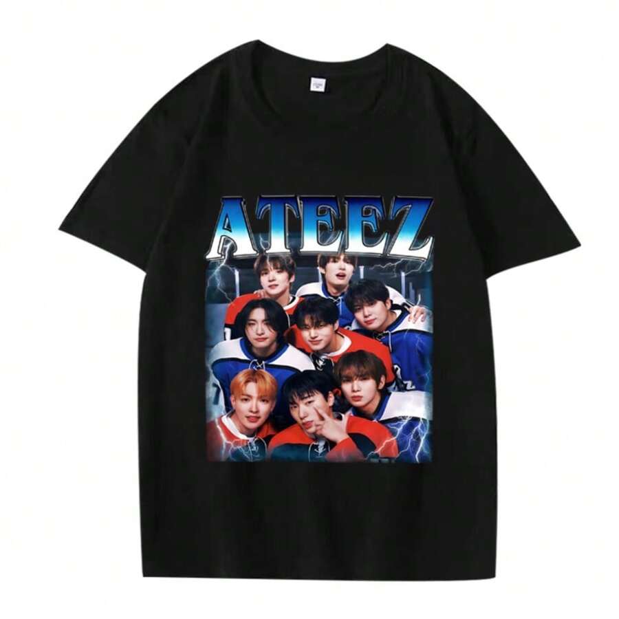 Limited Ateezs Retro World Tour 2025 T Shirt Men Women Oversized 100 Cotton Hot Saless Short Sleeve Summer Unisex Plus Size Tops - 黑色 - 查看 1