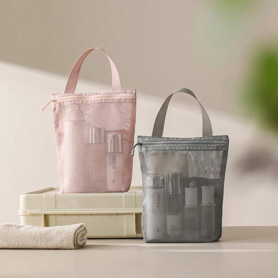 Neceser portátil de 23x26cm con asa práctica, bolsa de almacenamiento de artículos de tocador de malla de gran capacidad, bolsa de maquillaje para viajes de negocios - Gris Claro - Ver 1