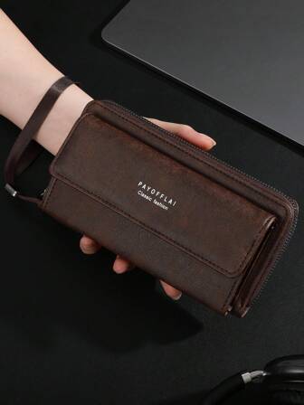 Cartera de negocios para hombres de doble capa de PU con hebilla, clip para tarjetas bancarias y cremallera, cartera, monedero, cartera larga, cartera de muñeca para hombres