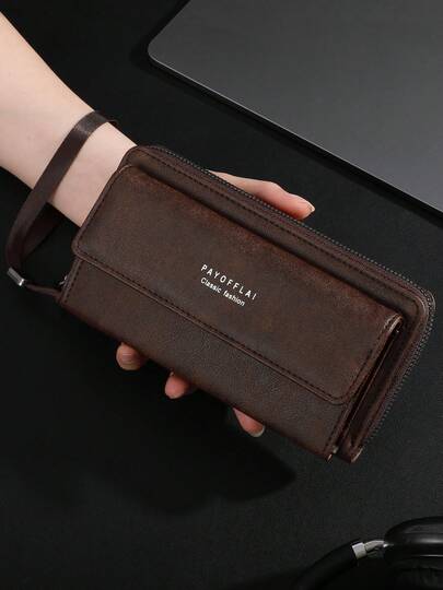 男士商务钱包长款双层PU皮扣男士银行卡夹拉链钱包男士钱包长款钱包腕带钱包