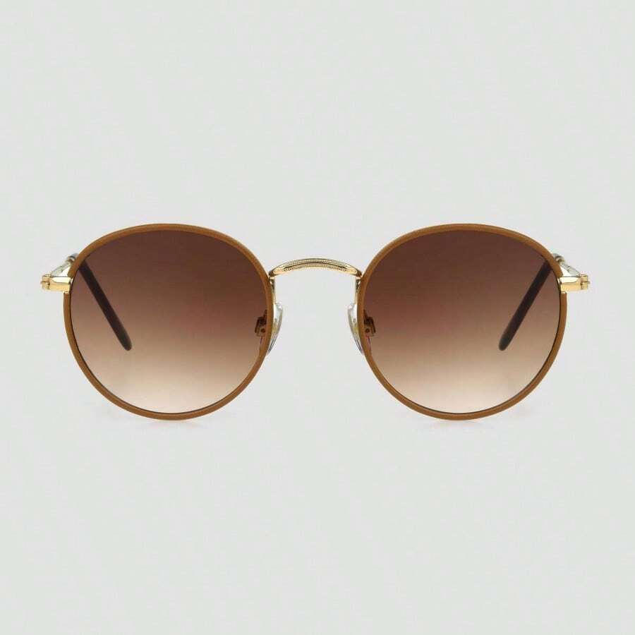 Women's Vegan Leather Wrapped Round Sunglasses - Universal Thread™ Caramel/Gold: Scratch-Resistant, UV Protection - Brown - View 1
