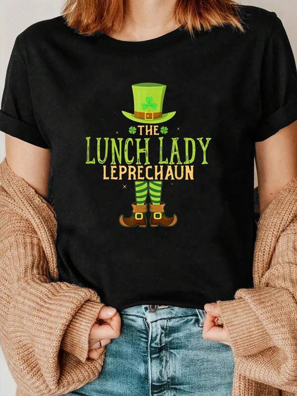 St. Patrick's Day 190g Black Cotton Crewneck Short Sleeve Graphic Print T-shirt - The Lunch Lady Leprechaun Design for Women - Comfortable, Stylish, Irish-Themed Tee Perfect for Celebrating Luck, Charm, and Festivity with Unique Green Hat and Shamrock Motif, Ideal for Casual Wear