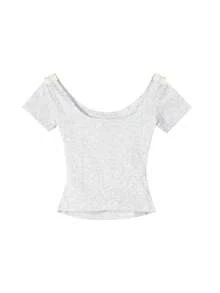 蕾丝边领结蝴蝶结短袖 T 恤，修身设计，带有随机面料镂空