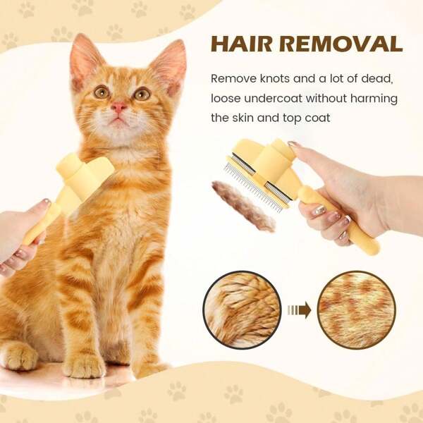 1PCSCat Comb Dog Comb Pet Hair Removal Tool Flea Comb For Cats And Dog Lice Comb Cat Brush With Release Button Self-Cleaning With Long & Short Stainless Steel Metal Teeth For Shedding