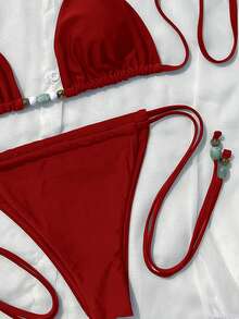 Women's Fashionable Sexy Solid Color Swimsuit Set - Red - View 3