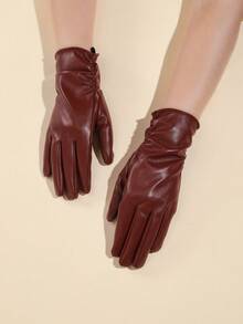 1 Pair Elegant Casual PU Leather Full Finger Touchscreen Gloves For Women, Faux Leather Warm Lining, Fashion Windproof Waterproof Outdoor Cycling Gloves