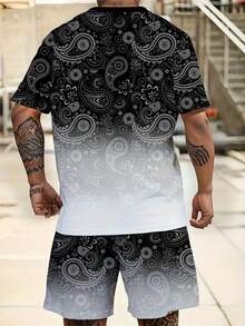 3D Geometric Gradient Print Men's Plus Size Short Sleeve Shorts Set, Fashionable Design Drawstring Shorts, Round Neck Short Sleeve Set, Suitable For Summer Men's Exercise, Outdoor, Daily Sports, Plus Size - Multicolor - View 4