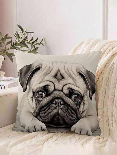 Funda de cojín lavable con estampado de Pug | Estilo moderno, cierre con cremallera, poliéster tejido, funda de almohada decorativa, adecuada para todo tipo de habitaciones - Sin relleno (inserto de almohada no incluido)