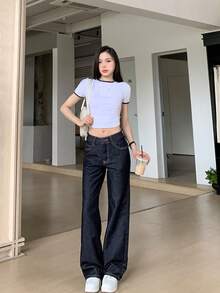 Navy Blue Low Waist Versatile Jeans For Women, Slimming, Relaxed Straight Leg Long Pants - Blue - View 4