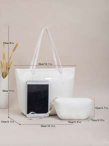 2 piezas Bolsa de tela acolchada con patrón de ola de gran capacidad, bolso de hombro de estilo vintage geométrico, bolsa de compras con monedero para mujeres