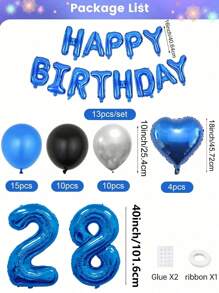 57 件蓝色、银色和黑色生日派对气球装饰套装，包括 40 英寸大蓝色数字气球、16 英寸蓝色“生日快乐”气球横幅、18 英寸心形气球、10 英寸乳胶气球，适用于 16 岁、18 岁、20 岁、21 岁、25 岁、30 岁、35 岁生日派对装饰、房间装饰 - 藍黑色生日套裝 - 查看 3
