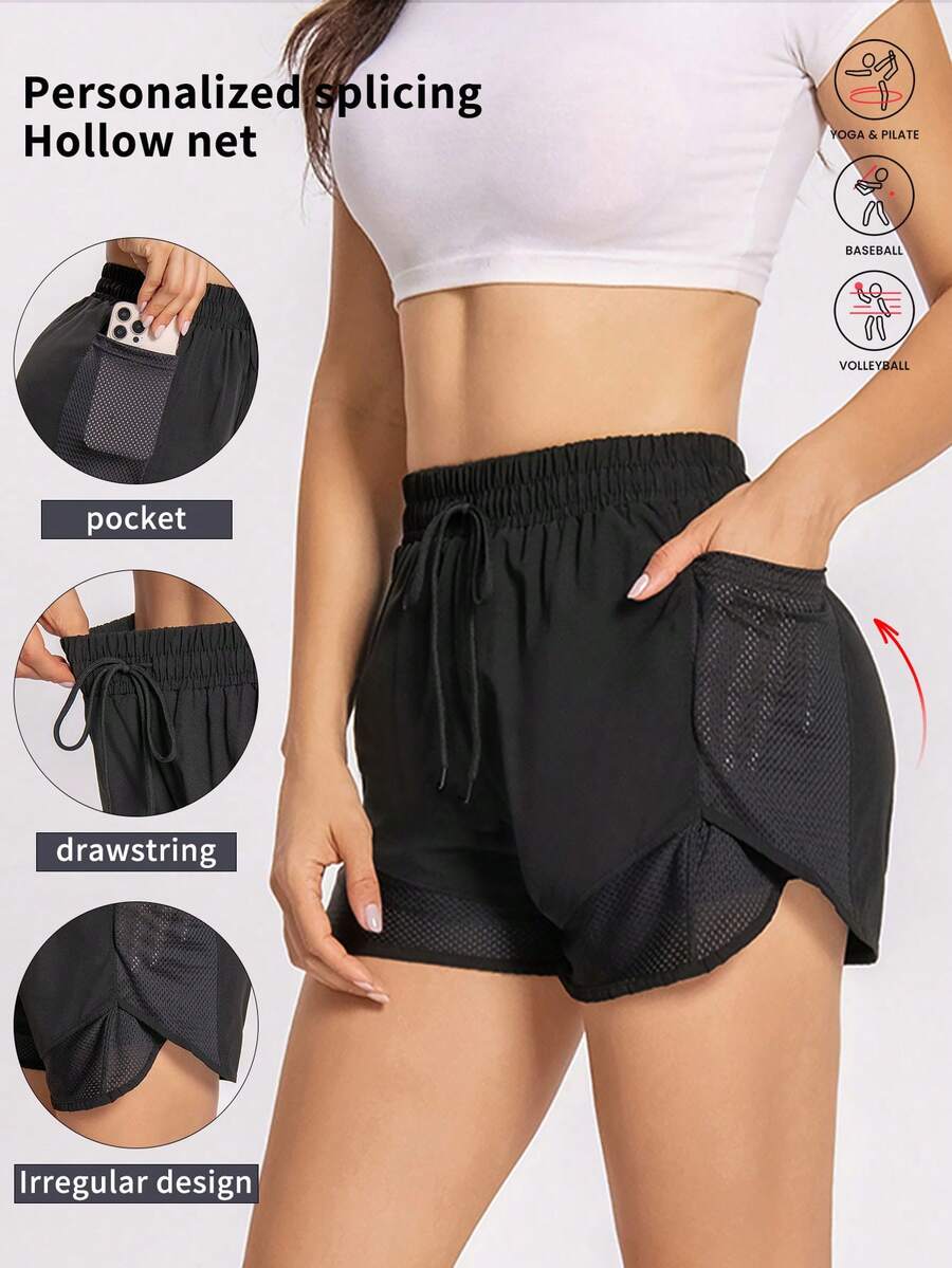 1 pieza Pantalón corto de yoga 2 en 1 para mujer con tela de secado rápido y bolsillos de malla - Para uso casual, entrenamiento en el gimnasio - Apto para verano - Para mujeres - Perfecto para un estilo de vida activo - Negro - Ver 1