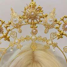 1 Piece Baroque Style Headband, Gothic Crown With Faux Pearl Decoration, Prom Party Hair Hoop Headdress