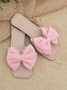 2025 New Flat Plus Size Fashion Elegant Ladies Shoes, Square Toe Cute Bowknot Super Soft Vacation Vibe Pink Sandals, Slip-Resistant Beach Slippers