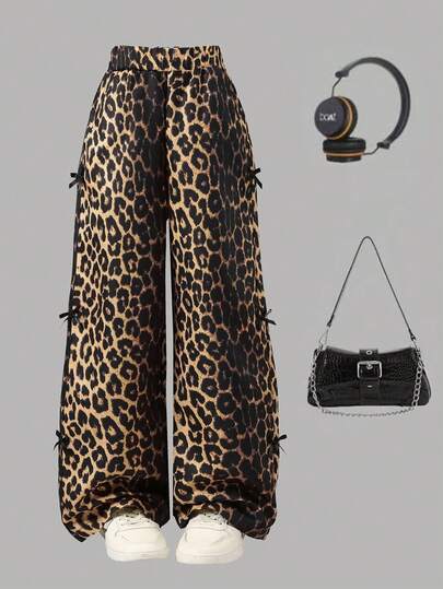 青少年女孩休闲高腰阔腿裤，侧面带蝴蝶结，豹纹长裤适合春夏季，适合日常穿着、外出和户外活动