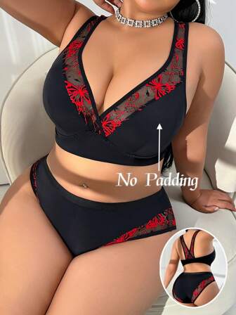 Conjunto de sujetador sin aros de encaje minimalista y cómodo para mujer de talla grande