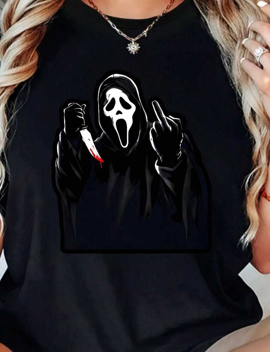 Witllent Women's 100_ Cotton Ghost Face Middle Finger T Shirt , Women's Christmas 220g Heavy Cotton T-Shirt (1 PC) - Black - View 1