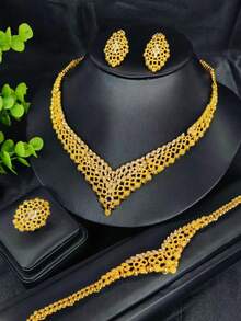1 Set Luxury Fully Jeweled Gold Plated Middle East Dubai Bride Wedding Accessories 4Pcs Jewelry Set Necklace Earrings Bracelet Ring, Women Fashion Gift - Yellow Gold - View 1