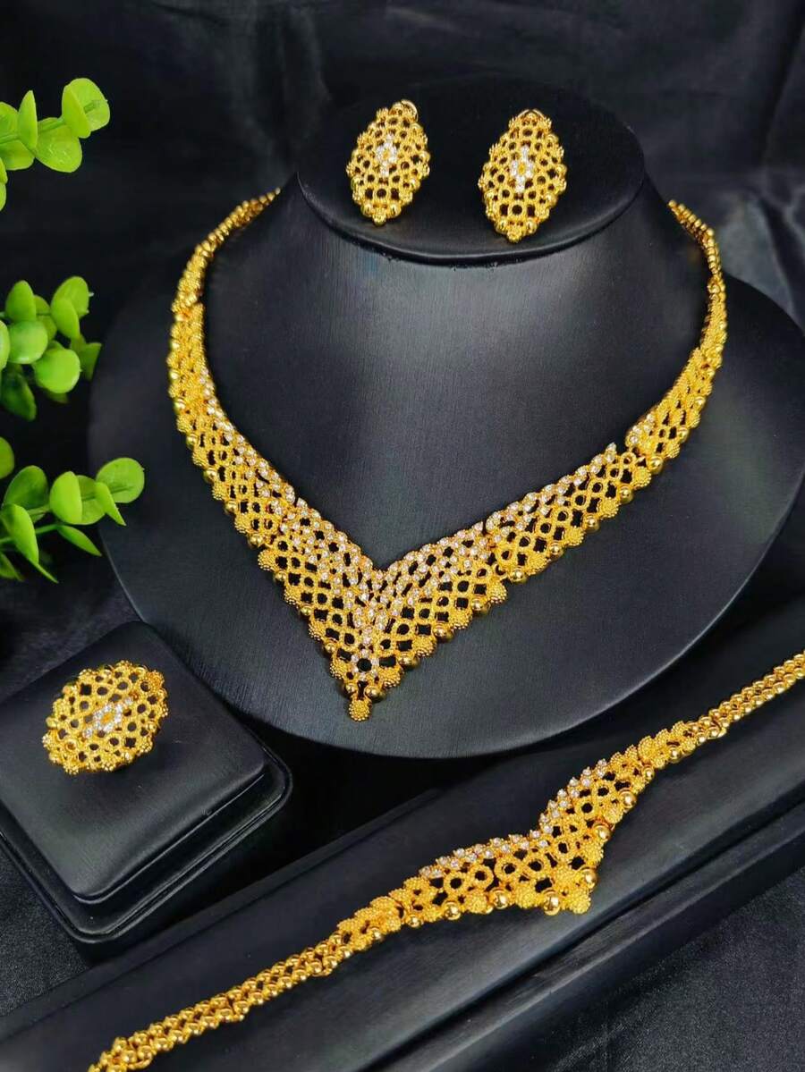 1 Set Luxury Fully Jeweled Gold Plated Middle East Dubai Bride Wedding Accessories 4Pcs Jewelry Set Necklace Earrings Bracelet Ring, Women Fashion Gift - Yellow Gold - View 1