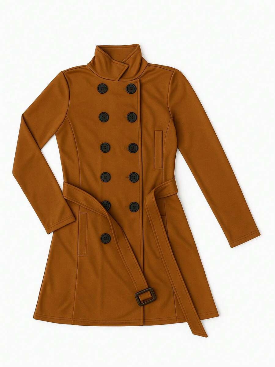 WOMEN'S OVERCOAT WITH BUTTONS AND LARGE BELT - 駝色 - 查看 1
