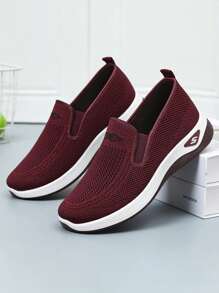 Women's Slip-On Loafers - Elastic Knit Upper & Breathable Mesh Sporty Shoes, With Soft Rubber Sole, Comfortable Casual Shoes For All Seasons, Available In Colors Like Burgundy/Black, Slip-On Sneakers With Breathable Knit Fabric