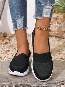 2025 Damskie uniwersalne trampki casualowe, jednokolorowe oddychające wsuwane buty sportowe na wiosnę, lato i jesień - Czarne - Zobacz 5