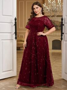 UNITHORSE Plus Size Chic Crew Neck Sequin Embroidery Patchwork Flared Dress, Black Elegant Formal Evening Gown, For Wedding Guest, Graduation, Dinner Party Dress, Bride Dress, Birthday Women Outfits Dress - 酒紅色 - 查看 3