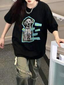 レディース夏新作デイリーカジュアルルーズラウンドネックコットン半袖Tシャツ キュートで万能なプリントがプリントされており、ファッショナブルで万能、デイリーウェアレディーストップスに最適 - ブラック - チェックする 1
