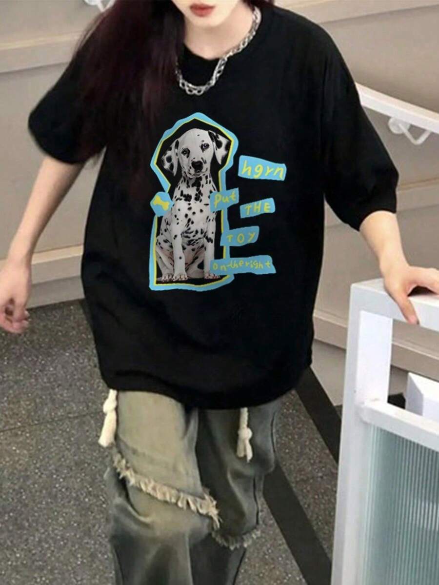 レディース夏新作デイリーカジュアルルーズラウンドネックコットン半袖Tシャツ キュートで万能なプリントがプリントされており、ファッショナブルで万能、デイリーウェアレディーストップスに最適 - ブラック - チェックする 1