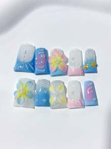 10 peças de unhas de verão estilo bico de pato azul praia oceano unhas francesas feitas à mão, com frangipani rosa, estrela do mar, concha, decoração de pérolas, frangipani azul, glitter prateado; suprimentos para unhas, unhas caseiras, unhas postiças de acrílico faça você mesmo; adequadas para feriados, festas, uso diário; inclui 1 folha de cola gelatinosa e 1 mini lixa