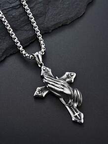 Collar con colgante de cruz de manos en oración de estilo vintage plateado envejecido, accesorio versátil para hombre, regalo para el Día del Padre