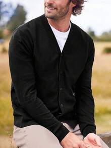 Men's Casual Solid Color Button Front Long Sleeve Cardigan - Black - View 1