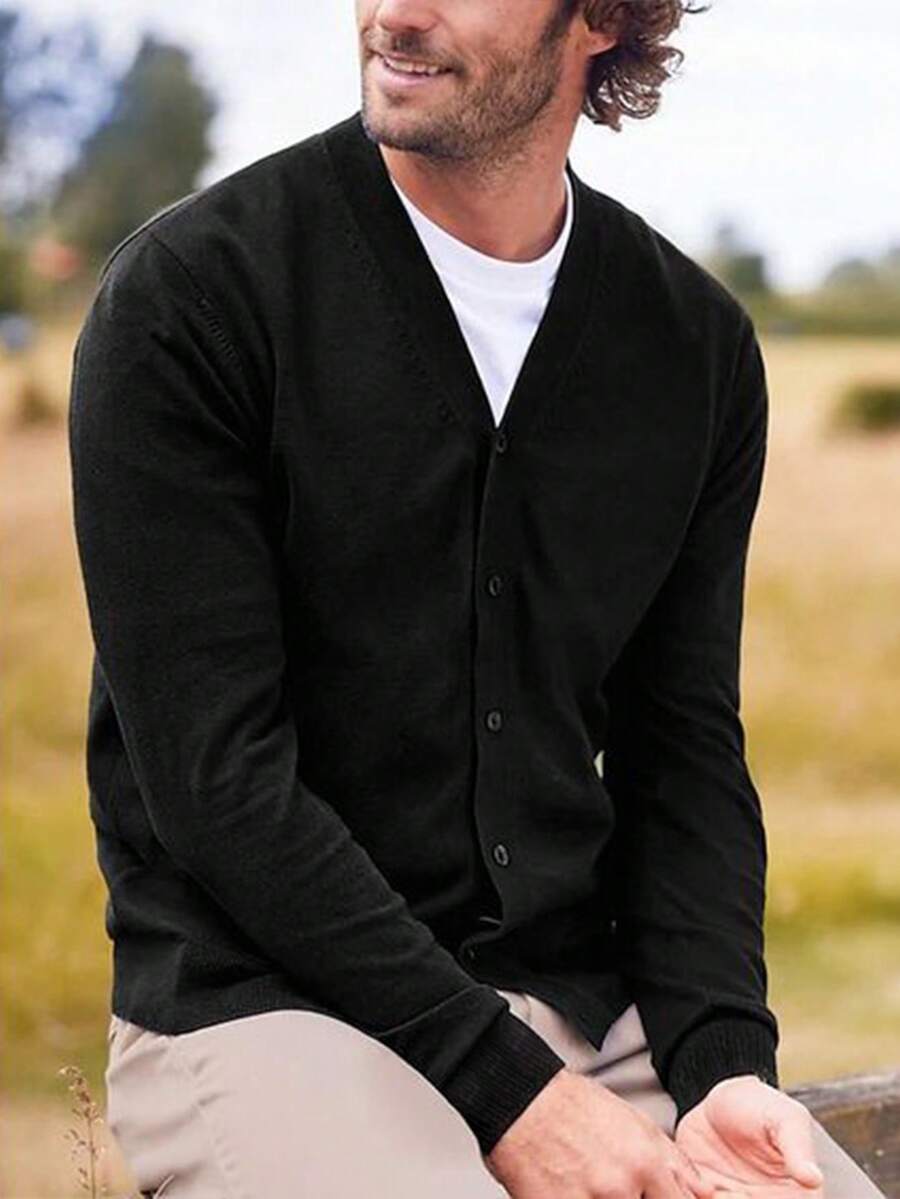 Men's Casual Solid Color Button Front Long Sleeve Cardigan - Black - View 1