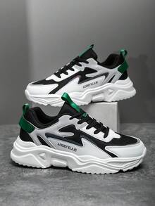 Men's Fashion Contrast Color Letter Pattern Leather & Mesh Patchwork Retro Chunky Sneakers, Lace-Up Soft Lightweight Comfortable Outdoor Reflective Jogging Shoes, Couples Style For All Seasons Valentine's Day Ideas - Contrasting Colors - View 2