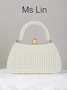 优雅的珍珠装饰手拿包，高端礼服手提包，适合订婚派对、旗袍礼服、正式女士晚会，优雅的珍珠包 - 米色 - 查看 2