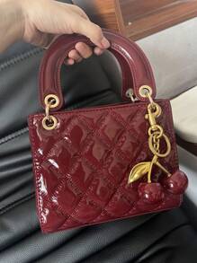 1 pieza Bolso de mano de piel de PU, bolso de color rojo vino, bolso de tote acolchado de piel de patente versátil, bolso pequeño estructurado, bolso de hombro y bandolera de moda, cartera con patrón geométrico