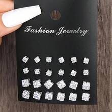 48 Peças Conjunto de Brincos Redondos e Quadrados para Mulheres e Homens, Jóias para Casais, Incrustado com Strass Cintilante, Estilo Simples e Elegante, Versátil para Uso Diário, Presente de Moda Casual