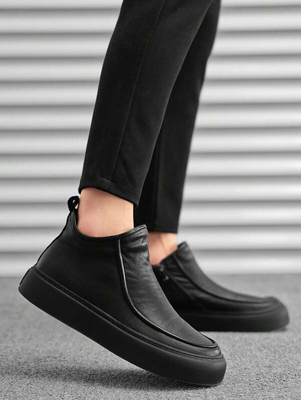 Men's High-Top Leather Motorcycle Boots, Black, Side Zipper, Flat Sole, Street Style, Versatile, Boots
