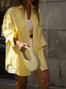 DEEKA Chemise longue ample à simple boutonnage rayée à manches longues pour femmes, printemps/été