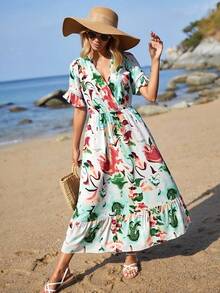 Vestido Casual De Verano Para Mujer Con Estampado De Flores Colocadas, Cuello En V, Mangas De Campana y Dobladillo Fruncido - Verde - Ver 1